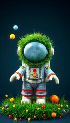 Cute Grass-Covered Astronaut in a Cosmic Garden