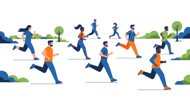 Flat Illustration of Diverse Group Jogging for Wellness in a Green Environment