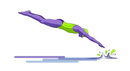 Vivid cartoon rendition of a swimmer diving into water in artistic rendering