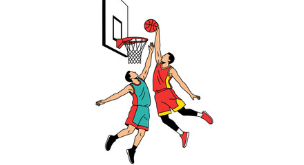 Obraz premium Dynamic basketball duel: Two players compete for a scoring opportunity near hoop