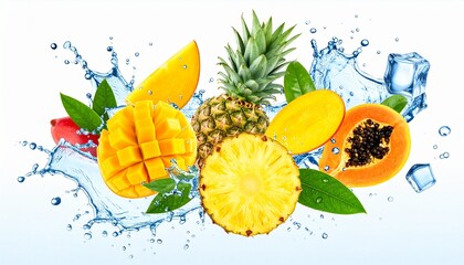 Vibrant Tropical Fruit Medley with Water Splash and Ice Cube on White
