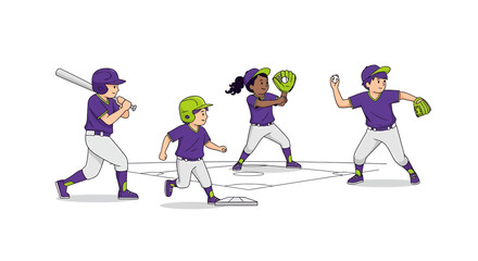 Fototapeta premium Cartoon illustration showcasing youth baseball team in dynamic action poses