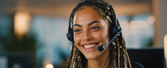 The Smiling Customer Service Agent Wearing Headset in Modern Office Environment
