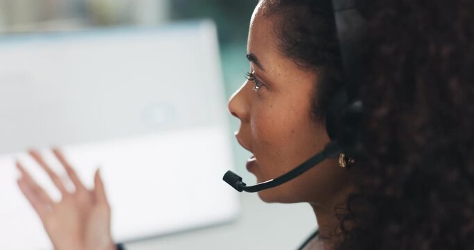 Woman, headset and explain at call center for legal advice, consulting or advisory job at office. Person, agent and discussion with voip mic with smile, solution and computer with contact at law firm