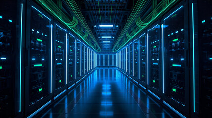 Futuristic modern data center interior with glowing server racks and green cables in ultra realistic