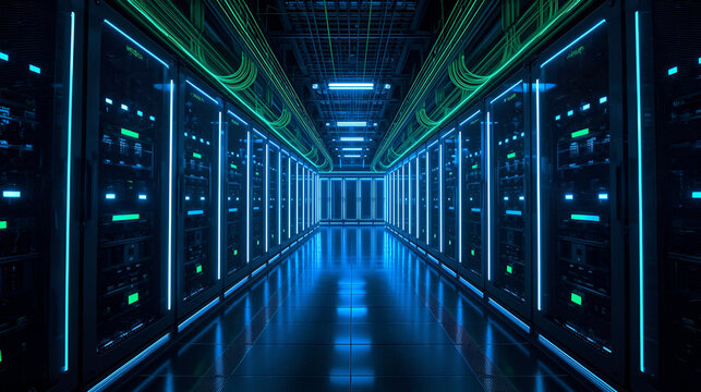 Futuristic modern data center interior with glowing server racks and green cables in ultra realistic - Powered by Adobe