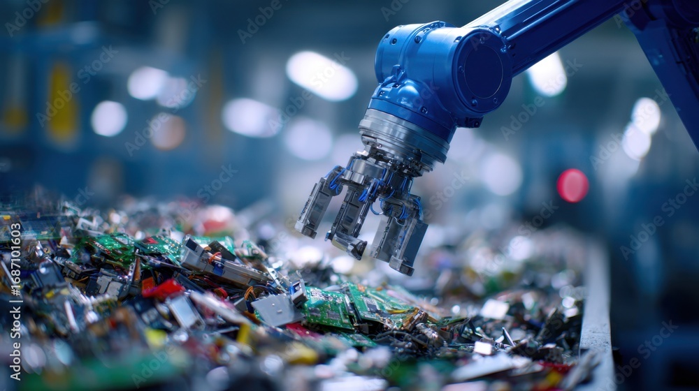 Poster medium shot of a robotic sorting arm using ai technology to efficiently separate electronic waste wi