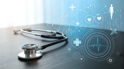 Medical stethoscope on a dark surface with futuristic healthcare interface. A soft blue digital background overlays medical icons, data visualizations, and abstract patterns, hospital background