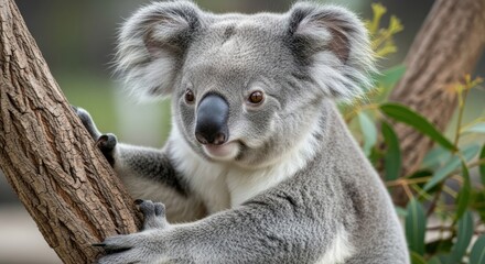Fototapeta premium A close up of a koala clinging to a tree branch with green leaves in the blurred background outdoors