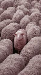 Fototapeta premium Lone Sheep Amidst the Flock: A solitary sheep stands out in a dense crowd of fellow sheep, highlighting themes of individuality, independence, and a different perspective.