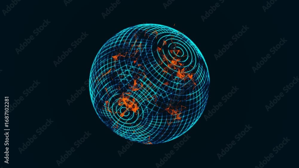 Poster geometric neon sphere with fire and ice glowing core rotating animation lines dots triangles chaotic