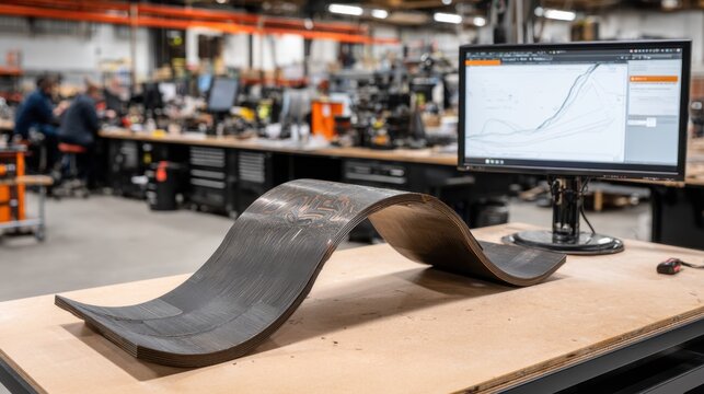 Medium shot of a custom 3Dprinted monitor mount showcasing smooth curves in crisp focus with an unfocused workspace behind emphasizing precision crafting.