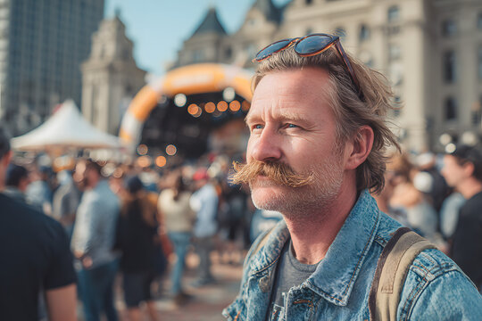 photography showcasing a cty square, where an open-ar event for Movember is unerway. One Man with a mustche in focus.