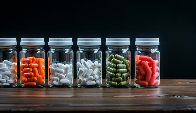 Nine glass jars with white lids arranged in a row containing different colored vitamin pills and supplements, green capsules, orange pills, yellow capsules