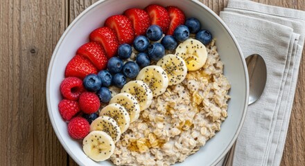A bowl of oatmeal topped with fresh strawberries blueberries bananas and raspberries on a wooden table