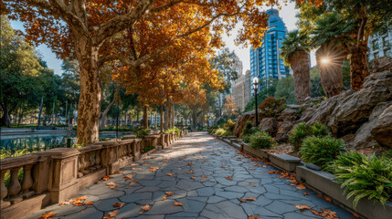 Scenic urban park pathway lined with vibrant autumn foliage, featuring stone pavement, lush greenery, and modern buildings in the background, creating a tranquil outdoor atmosphere