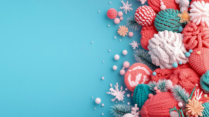 Naklejka premium Cozy knitted winter and Christmas decorations in coral, white, and teal hues, artfully arranged on vibrant sky blue background with festive embellishments.