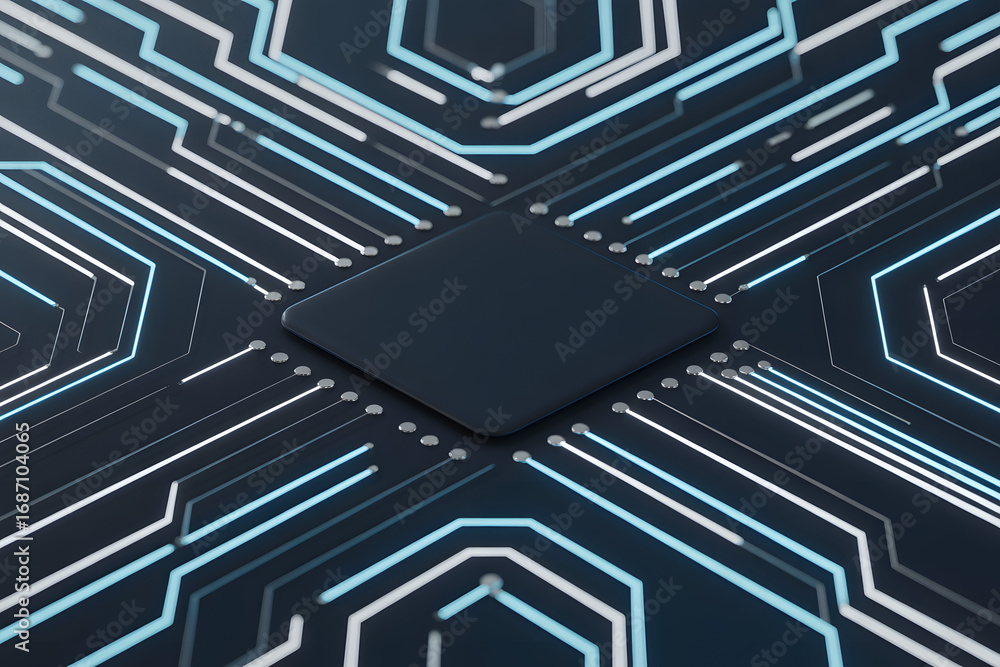 Fototapete digital core: a detailed close-up of a futuristic computer chip, intricately designed with glowing c