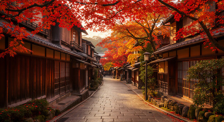 秋の紅葉に包まれた日本の古い町並み