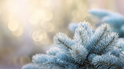 Snow-covered spruce branches in a winter forest, evoking a magical Christmas atmosphere.