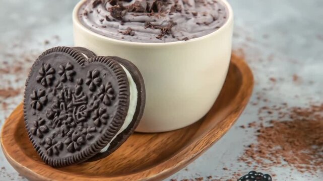 A heart-shaped Oreo cookie, a cup of dark dessert, and blackberries on a wooden plate create a delectable scene.