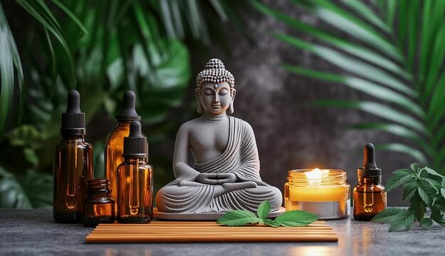 A peaceful zen composition featuring a stone Buddha statue in a meditative pose, surrounded by amber glass bottles with dropper lids
