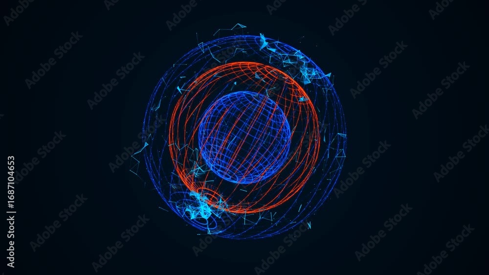 Poster geometric neon sphere with fire and ice glowing core rotating animation lines dots triangles chaotic