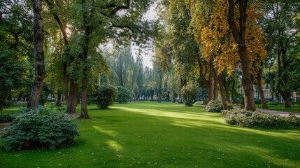 Obraz premium Lush green park landscape featuring tall trees with vibrant autumn foliage, sunlight filtering through branches, creating a serene and tranquil outdoor environment for relaxation and leisure