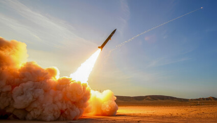 Missile launch in desert landscape at sunset with clear sky background