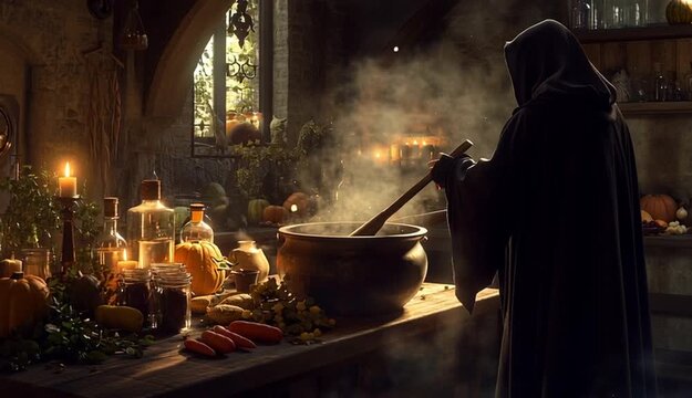 A mystical scene set in a dimly lit ancient kitchen, where a wizard or alchemist is stirring a large cauldron with a wooden pestle