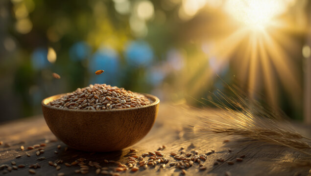 Bowl of whole grains with golden sun rays shining through trees in the background