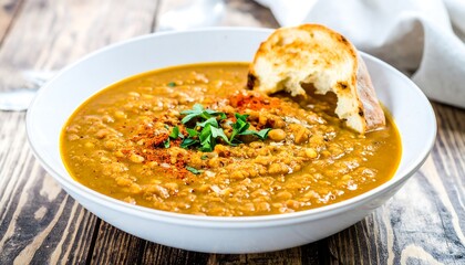 Creamy lentil soup in a bowl with toasted bread