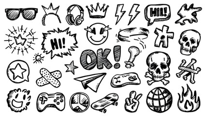 Doodle art collection of skulls stars and fun symbols