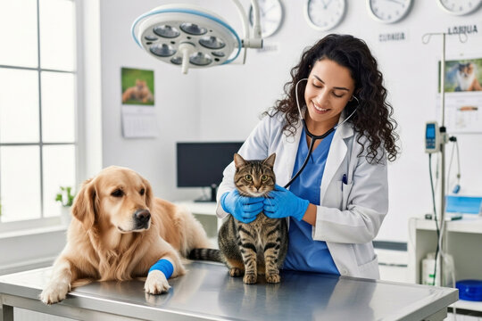 A young white female veterinarian with dark curly hair examines a cat. Golden retriever with a bandaged paw lying on the table nearby