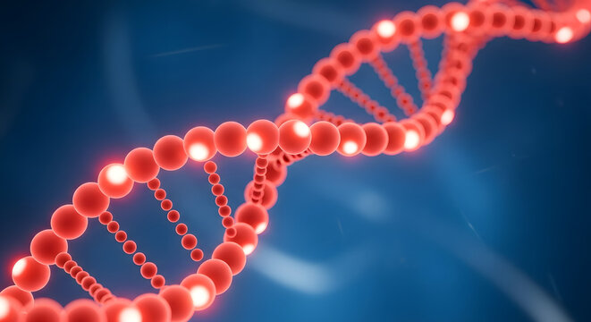 Red DNA strand on blue background for science and medical applications