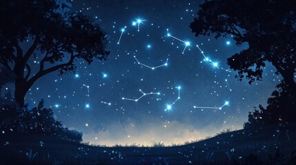 Fototapeta premium Starry night sky with glowing constellations and a silhouetted horizon, cartoon concept with blank space 