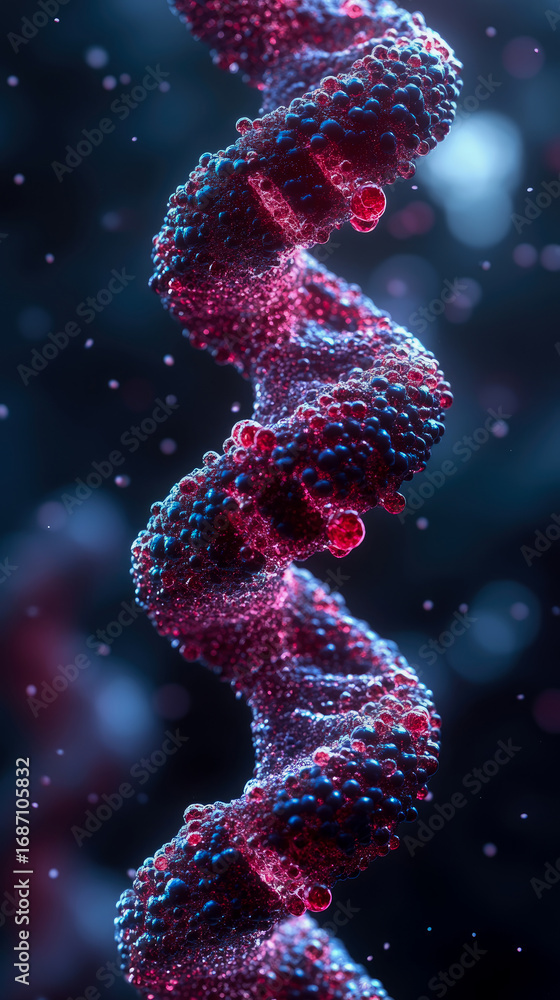 Poster vibrant luminous double helix structure in abstract microscopic detail with bubbling red and blue hu