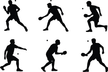Silhouette table tennis players in action poses, ping pong sports vector illustration, athlete with racket and ball, isolated black silhouette design