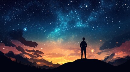 Fototapeta premium Starry night sky with glowing constellations and a silhouetted horizon, cartoon concept with blank space 