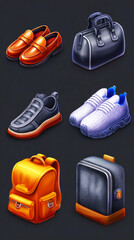 A collection of stylish shoes and accessories is neatly arranged on a minimalistic surface. The items include casual shoes, a bag, and sneaker styles, showcasing contemporary fashion trends