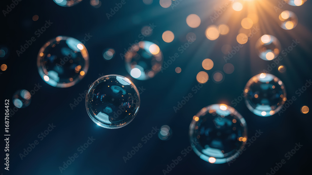 Poster bubbles floating in dark background with soft light reflections create mesmerizing and tranquil atmo