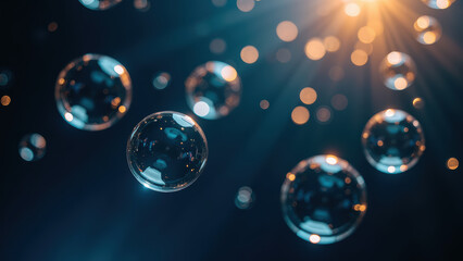 Bubbles floating in dark background with soft light reflections create mesmerizing and tranquil atmosphere