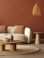 3d render of a Poster frame mock-up in dark red home interior background with white lounge sofa, table and decor in living room, 