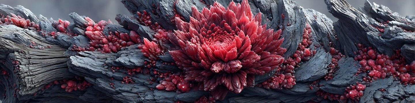 Futuristic carved textures with crimson glow emerging from obsidian matrix