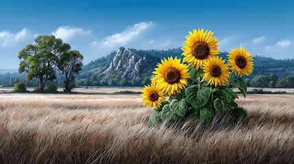 Vector painting illustration of a bright sunflower field swaying gently in the warm breeze, with a clear blue sky above.