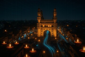 Hyderabad Charminar at night with glowing Diwali diyas, street lights and futuristic neon light trails, digital grid cityscape aerial view