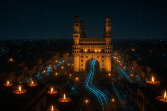 Hyderabad Charminar at night with glowing Diwali diyas, street lights and futuristic neon light trails, digital grid cityscape aerial view