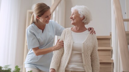 Compassionate caregiver assists elderly woman at home indoor setting emotional connection positive atmosphere uplifting concept