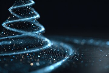 Futuristic Christmas tree made of glowing particles, presenting holographic interface and advanced data visualization, minimalist technology, subtle glow effect 3D rendering, simple corporate design