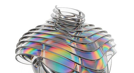 Stunning iridescent glass sculpture reflects vibrant rainbow colors in modern abstract design